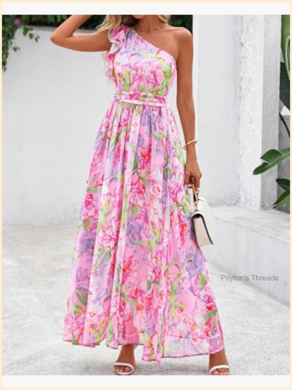 One Shoulder Floral Smocked Ruffle Maxi Dress with Pockets - Picture 6 of 7